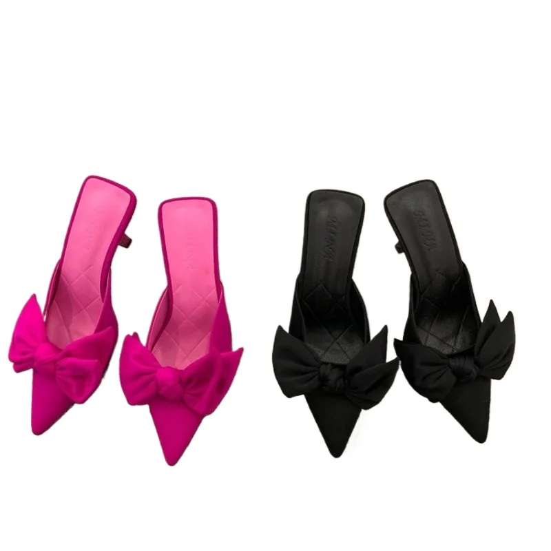 New Style Autumn Big Butterfly-knot Women Slippers Sandals Shallow Pointed Toe Mules Stripper High Heel Pumps Ladies Shoes