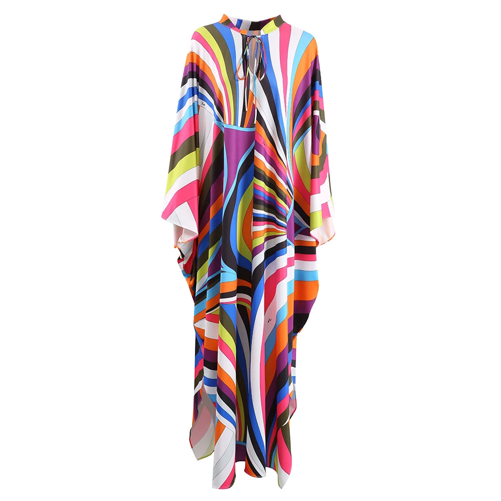 

Women‘s Multicolor Printed Long Skirt Stand Collar Batwing Sleeve Loose Puffy Dresses 2025 Spring Autumn New Chic Resort Wear