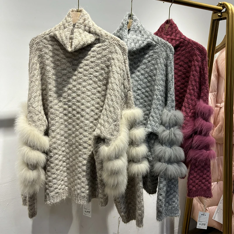 2025年冬 レディース ローズレッド 本物の狐の毛皮 ニットコート 本物の毛皮 秋 ニットジャケット セーター