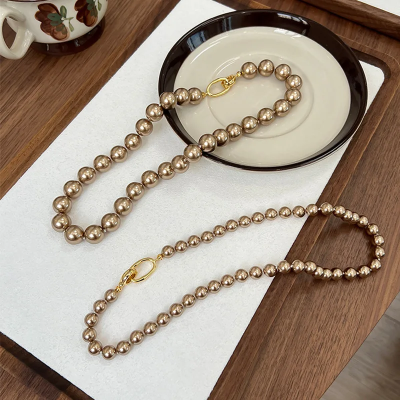 Minar 2024 New 8 10mm Champagne Color Simulated Pearl Beaded Necklaces for Women Femme Toggle Clasp Beads Long Sweater Chain