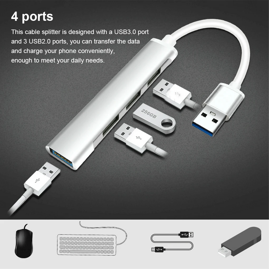 4-in-1 USB Hub USB3.0 4 Ports Splitter Computer Adapter Portable Charge Dock Station Charger Office Silver USB