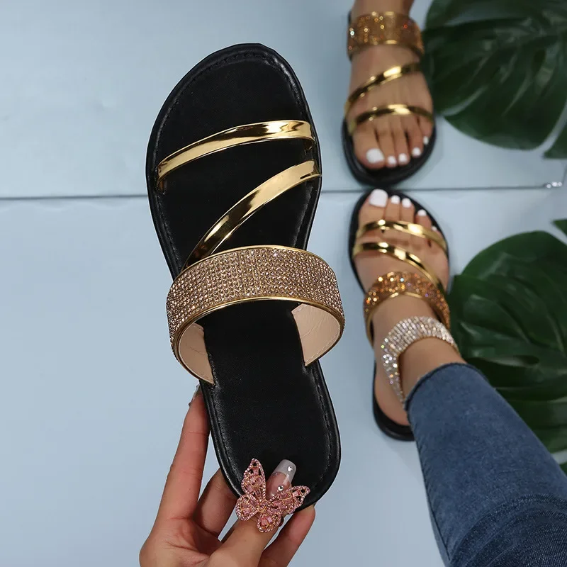 Summer New Women's Fashion Gold Silver Patent Leather Flat Heel Sandals Bling Rhinestone Narrow Band Beach Casual Slippers2025