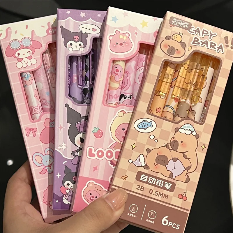 6Pcs Kawaii Sanrio Kuromi My Melody Loopy Kapibara Mechanical Pencil 0.5Mm Quick Drying Smooth Writing Stationery Gift for Girls