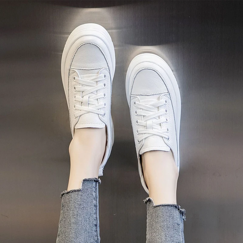 Genuine Leather White Casual Shoes Women Platform Sneaker Black Vulcanized Shoe Summer Comfortable Flats Woman Internal Increase