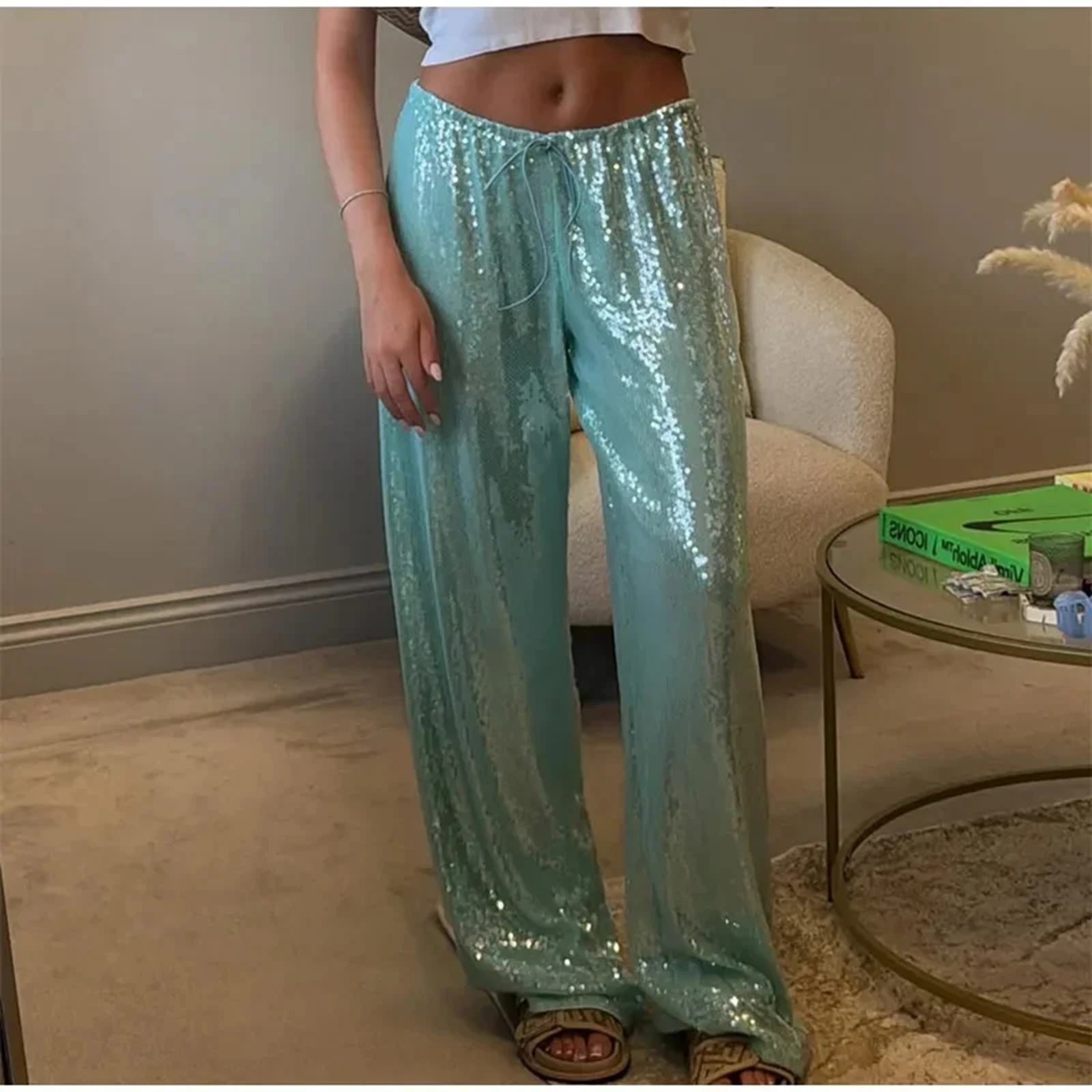 

Women Stylish Sparkling Glitter Wide Leg Pants For Beach Vacation Summer Party Daily Wear Outdoor Activity Streetwear