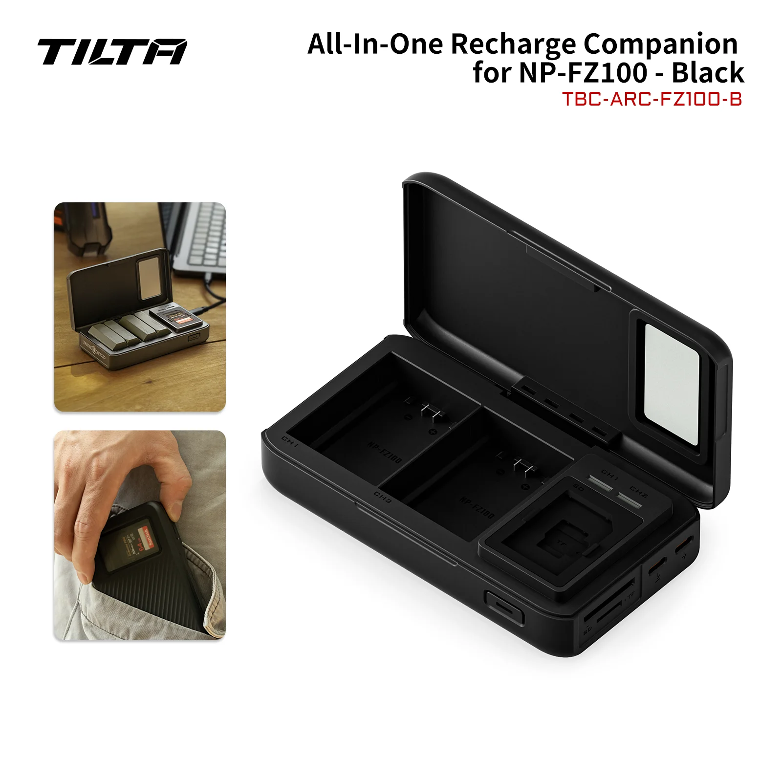 Image of TILTA FZ100 All-in-One Aufladestation mit Doppelladegerät für Sony Kamera-Akkus, Tragbare Ladestation mit SD/TF-Kartenleser