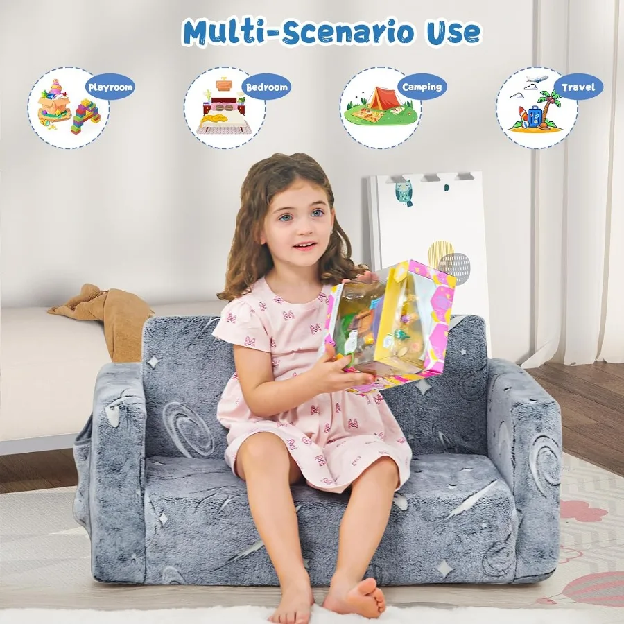 2in1 Convertible Toddler Couch and Chair for Foldable Soft Comfy Sofa Bed with GlowintheDark Feature Ideal for 's Room Playroom