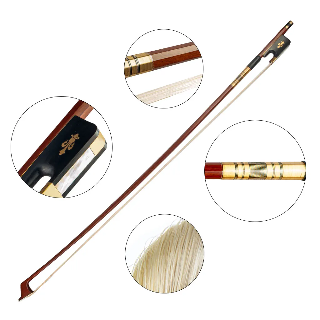 4/4 Size Cello Bow Fleur-De-Lys Frog Ebony    Abalone Shell White Horse Hair Pernambuco   Accessories