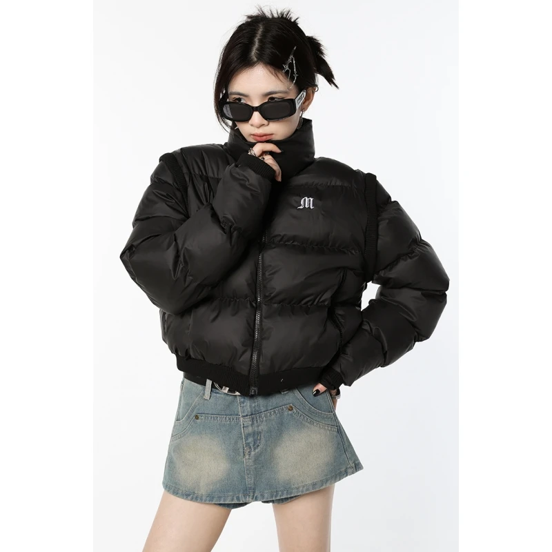 Women Black Short Down Jacket Stand Collar Fashion American Thicken Warm Feather Duck Down Female Puffer New Winter Outwear