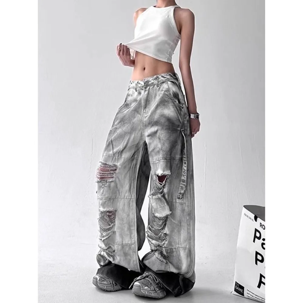 Twotwinstyle hit color solto emendado segurar jeans para mulheres cintura alta retalhos bolsos perna larga calça roupas femininas