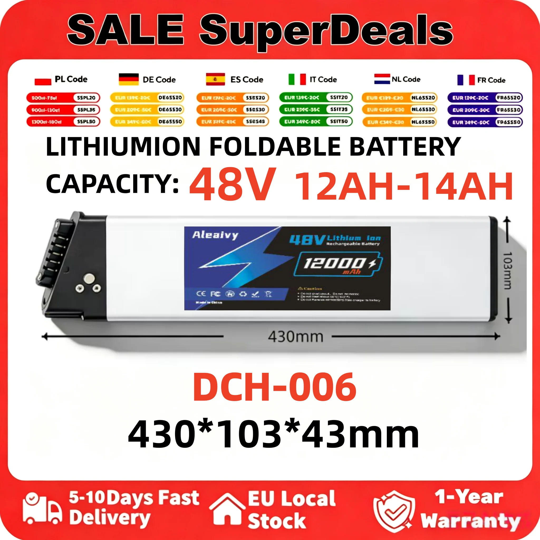 Batteria al litio pieghevole per e-bike DCH‑006 48V 12Ah 14Ah 750W 1000W, batteria di ricambio per bici elettrica per Samebike LO26 20LVXD MX01 LAFLY X3 JINGHMA R7 R5