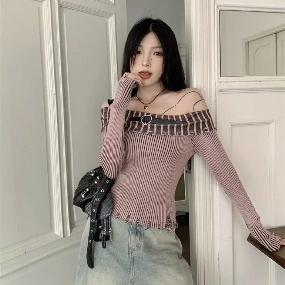 

Hot Girl Style One-Shoulder Long-Sleeved Knitted Women'S 2025 Autumn Winter New Design Slim Fit Short Top