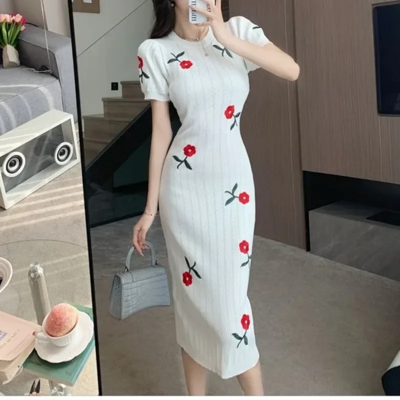 2024 White Crochet Dresses Knit Rose Dress Hollow Out Beach Dresses  Short Sleevel Female Vestidos Mujer Maxi Long Dress