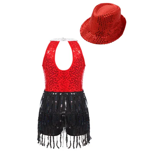 Imagen 2 del producto Nuevo conjunto de baile de Jazz latino Cha-cha Tango Samba Rumba para niñas, mono sin mangas con lentejuelas y sombrero para competición de actuación