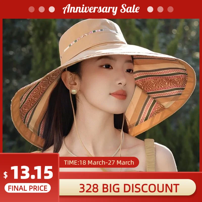 Fisherman Hat Women Reversible Large Brim Ethnic Style Beach Outdoor Outing UV Sunscreen Face Shading Sun Hat