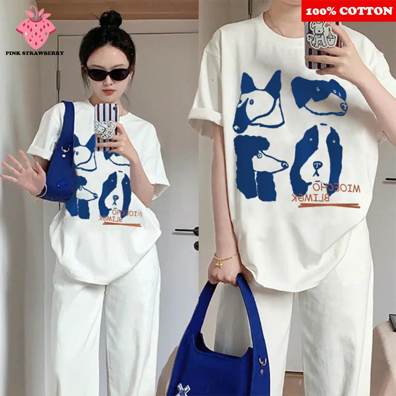 

Big eared dog pattern Print T-shirt Women's Summer 100%Cotton American Style Short Sleeve T-shirt y2k Casual Top Female clothing