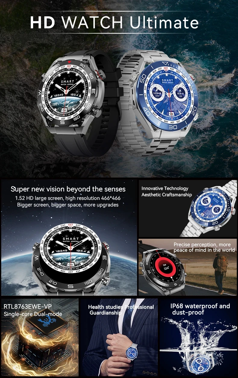 2024 Men's New Business Ultimate Smart Watch Bluetooth Calling Compass NFC 100+Sprots Smart Watch Waterproof Outdoor Sports IOS