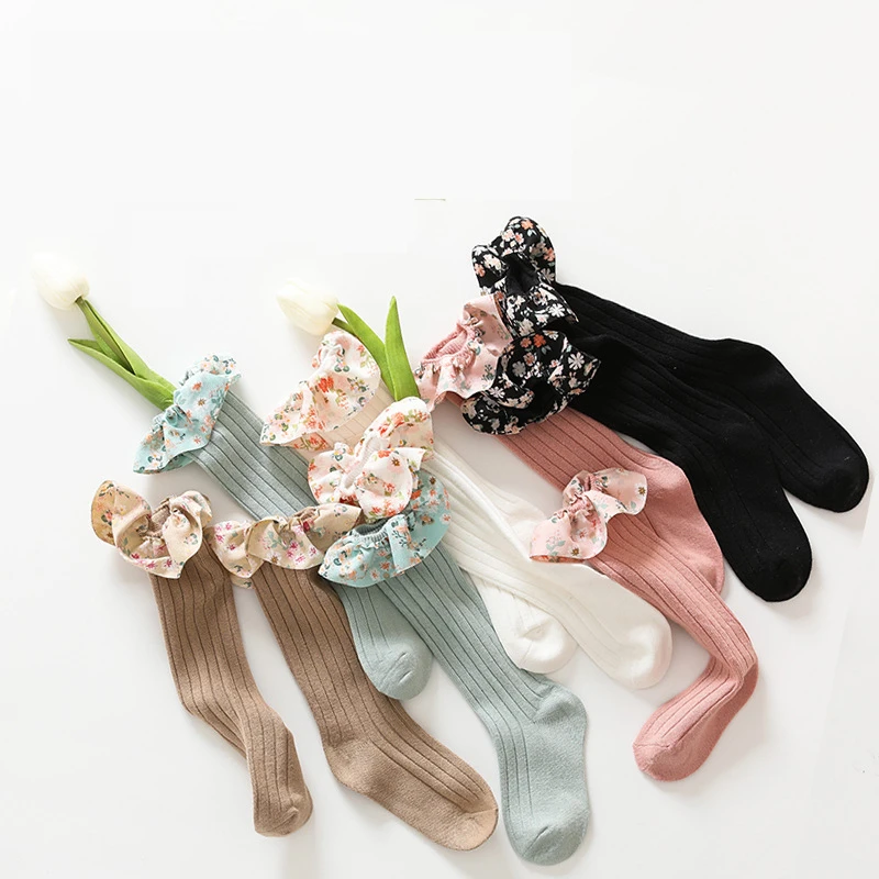 Baby Girls Floral Long Socks Knee High Kids Lace Princess Children Sock Ruffle Soft Cotton Leg Warmers Girl Socks For 0-7Years