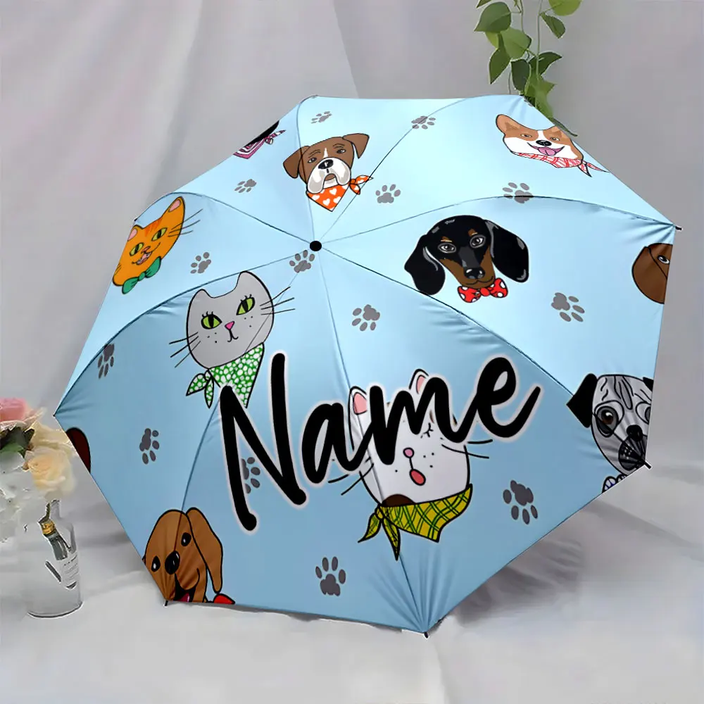 Custom Name Pet-Themed Umbrella with Paw Prints 8 Iron Ribs Folding Umbrella Auto-Open Fashionable Sunshade Deluxe Gift