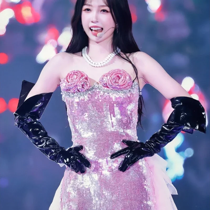 Robe à paillettes roses pour femmes, jupe en maille de gâteau de fleur, vêtements de performance sur scène, tenues Y2K, chanteuse coréenne Kpop, interdit le costume