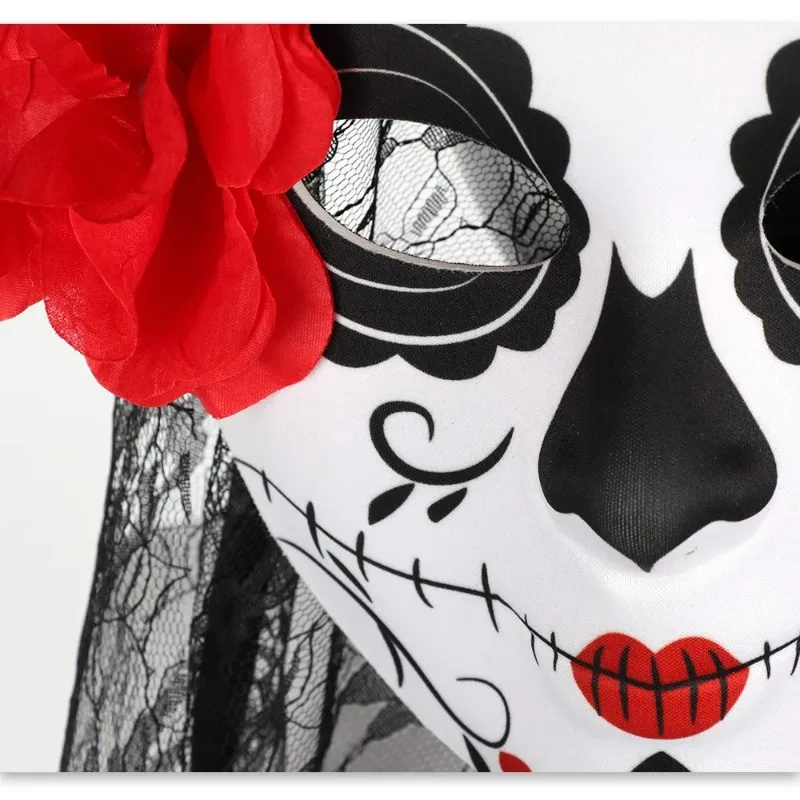 Fantasma Sposa Maschera di ruolo Halloween Terrore Abbigliamento Partita Labbra rosse Maschera di fiori Festa Gioca al ruolo Abbigliamento Copricapo Visiera