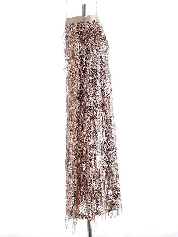 Waist High Elastic Khaki Sequ Tassels Long Elegant Half-body Skirt Women Fashion  New Spring Autumn 2026 CP69