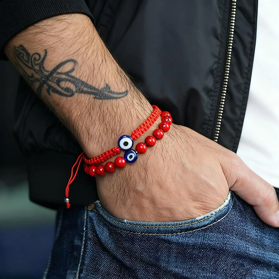 Viking 2Pcs Turkey Terror Eyes Bracelet Men Braided Adjustable Knot 8mm Black Red Stone Beads Wristband Retro Street Homme Joias view 2