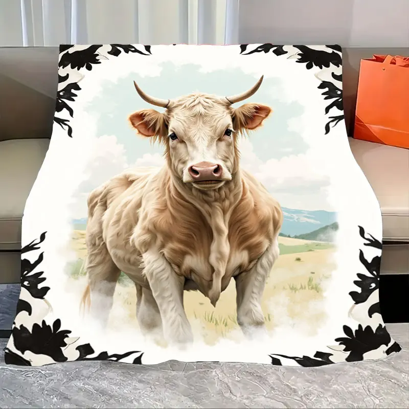 

1pc Flannel Blanket Cow Print Blanket with Pastoral Scene, Soft Flannel for Cozy Nights