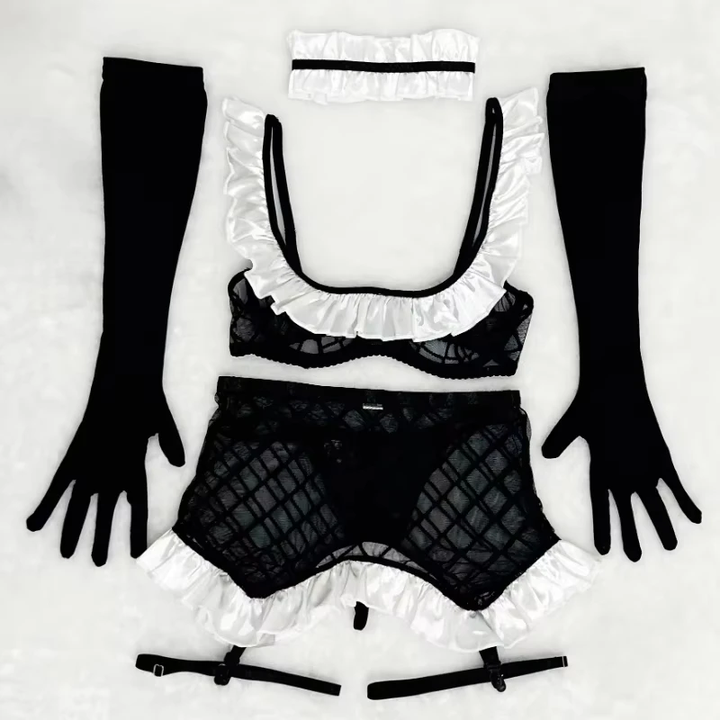 Bikini maid outfit with see-through mesh, ruffled trim, gloves, lingerie set, swimsuit