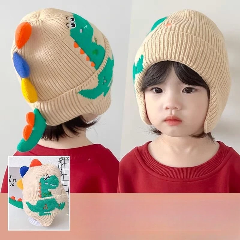 الشتاء الاطفال الطفل قبعة في الهواء الطلق يندبروف الأطفال حماية الأذن قبعة دافئة لطيف ديناصور قبعات منسوجة صبي فتاة بيني #2