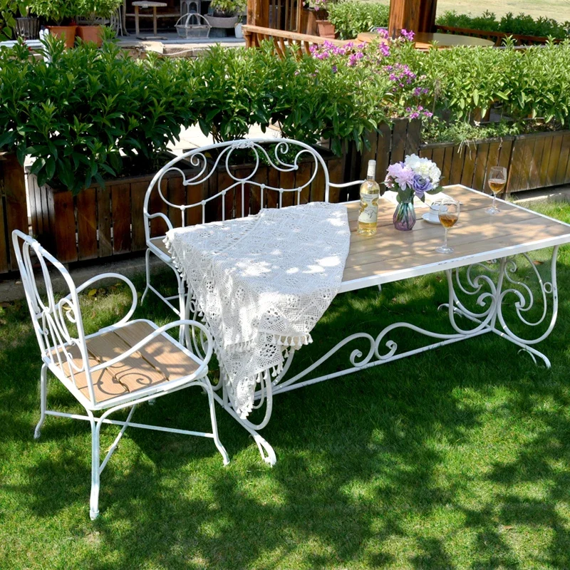 French retro table and chair combination set European garden bench cafe long  terrace outdoor leisure courtyard wrought iron