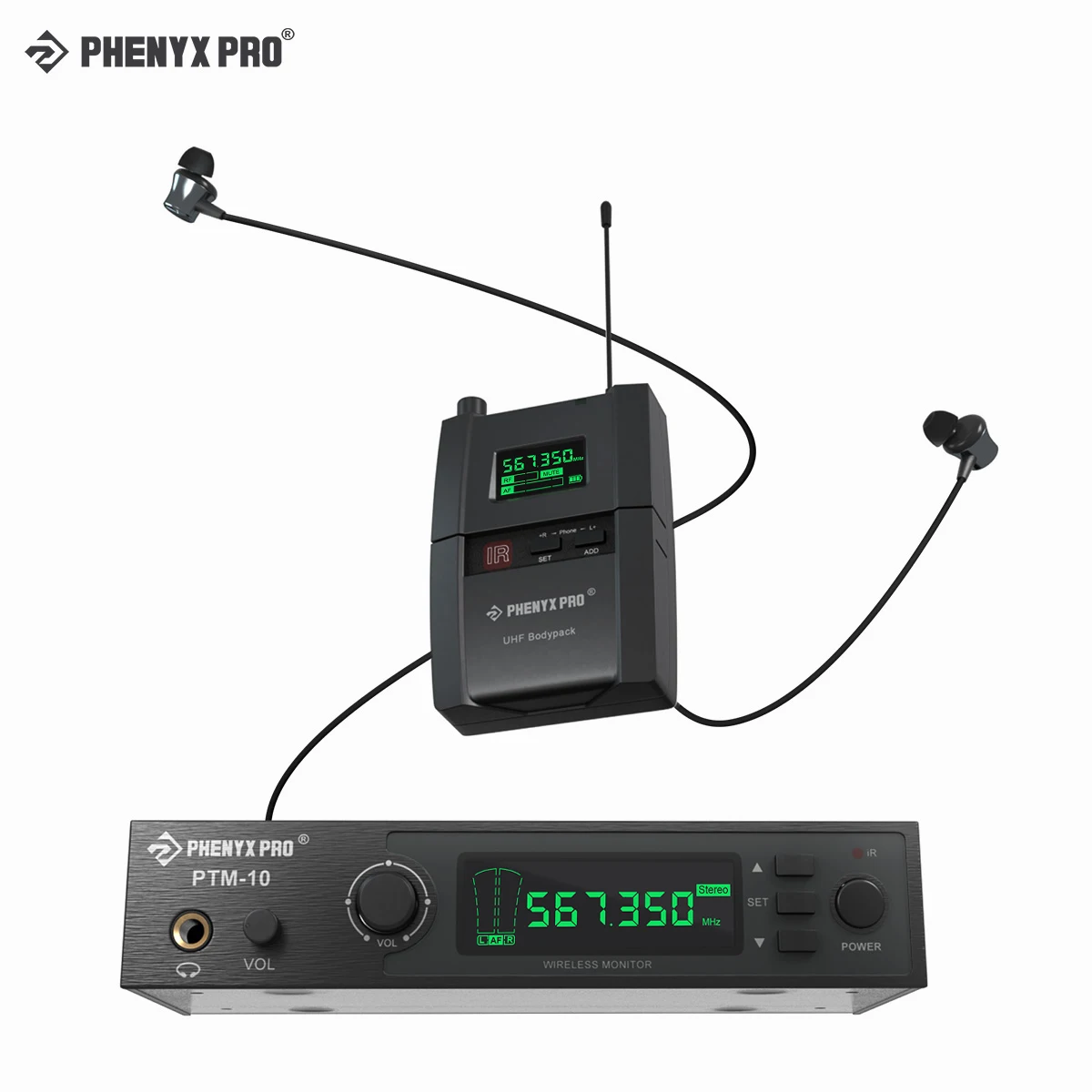 

PTM-10 In Ear Monitor Wireless System UHF Stereo Audio Transmitter and Bodypack Receiver 900MHz/500MHz Metal Phenyx pro