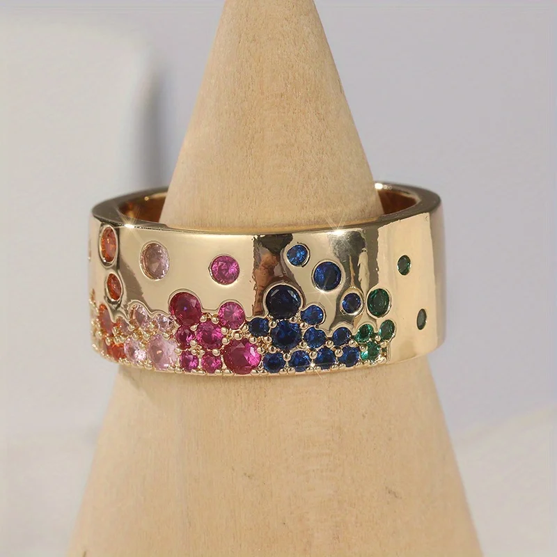 Classic retro women's wide face ring, paired with colorful synthetic zircon, fashionable jewelry accessories