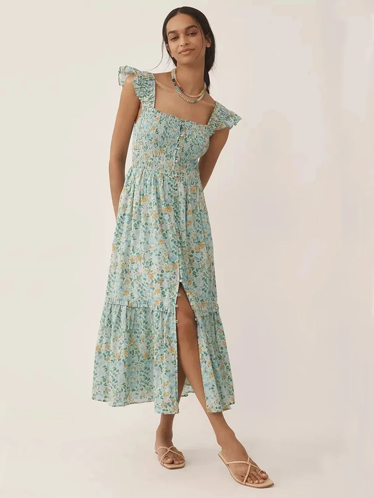 

Summer New French Style Women's Flying Sleeve Square-Neck Vacation Slim Design Sense Hem Split Dress Formal Wedding Party Attire