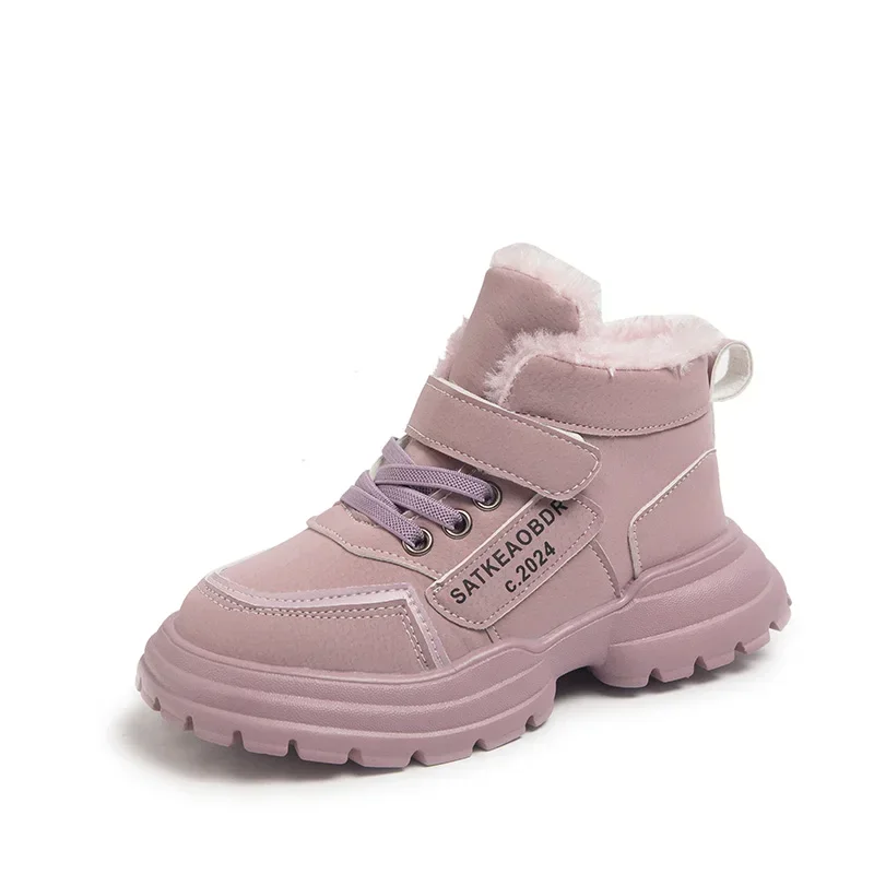 Boys Girls Short Boots with Fur Kids Sports Boots Warm for Winter 2024 New Fashion Sweet Students Ankle Boots Non-slip Soft Sole
