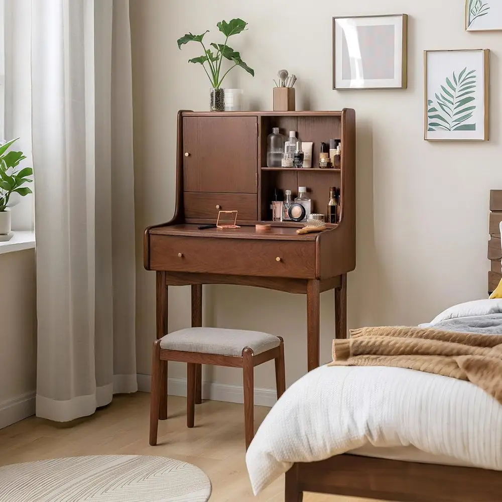 

Walnut 33x16.5x50 Solid Wood Vanity Desk with Mirror and Expandable Table for Bedroom