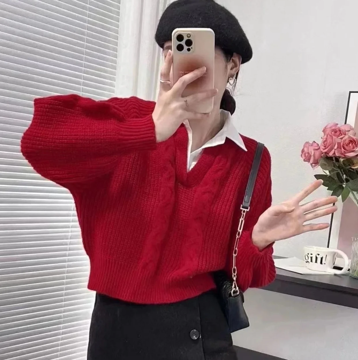 Otoño Invierno de las mujeres Patchwork Twist Design suéter de punto suelto camisa conjunto de dos piezas con cuello Polo prendas de vestir exteriores Top