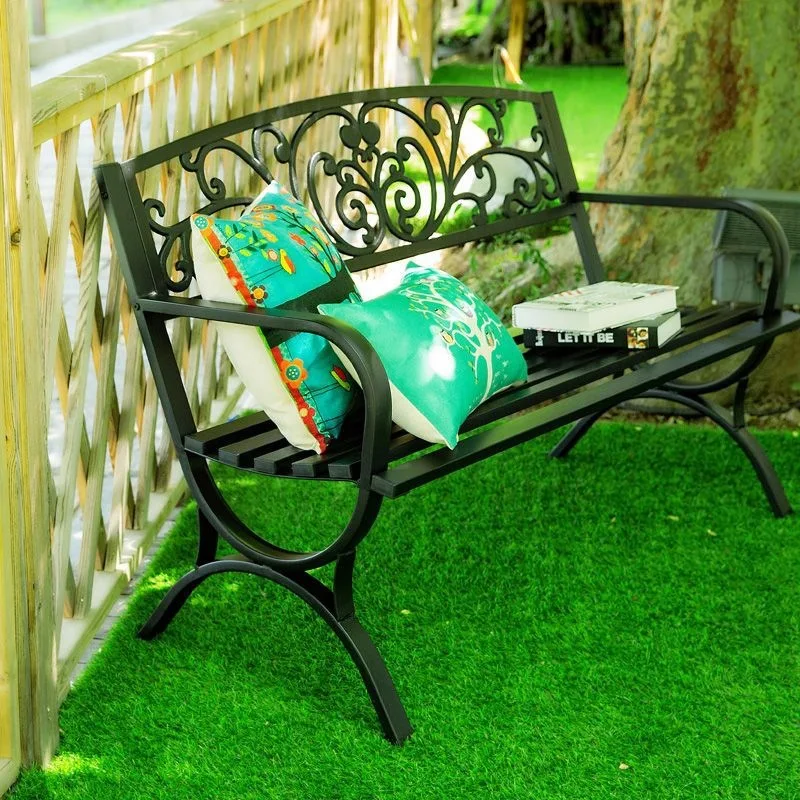 Park Chair Outdoor Bench Row Chair Bench Leisure Backrest Solid Wood Square Seat Garden Chair Anti-corrosion Cast Aluminum Iron