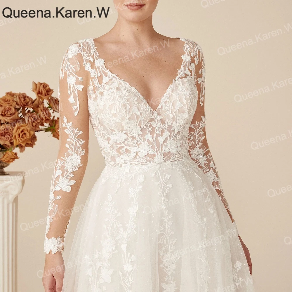 Queena.Karen.W Elegant A line Wedding Dress long sleeve V Neck lace bride dress robe de mariee A line Wedding Bridal Gown