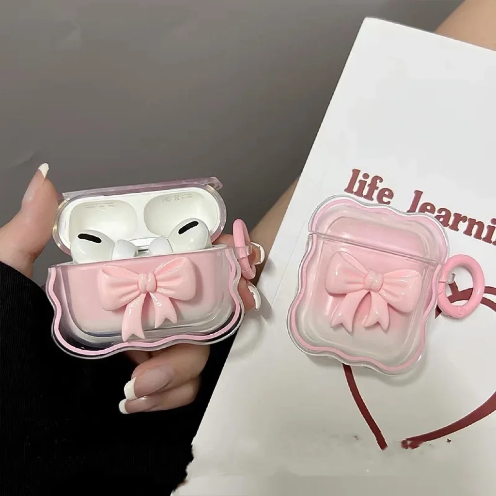 

Чехол с 3D луком и волнами для Apple AirPods 4 3 2 1, чехол с розовым цветочным принтом для девочек, чехол для AirPods Pro 2, беспроводная коробка с брелком