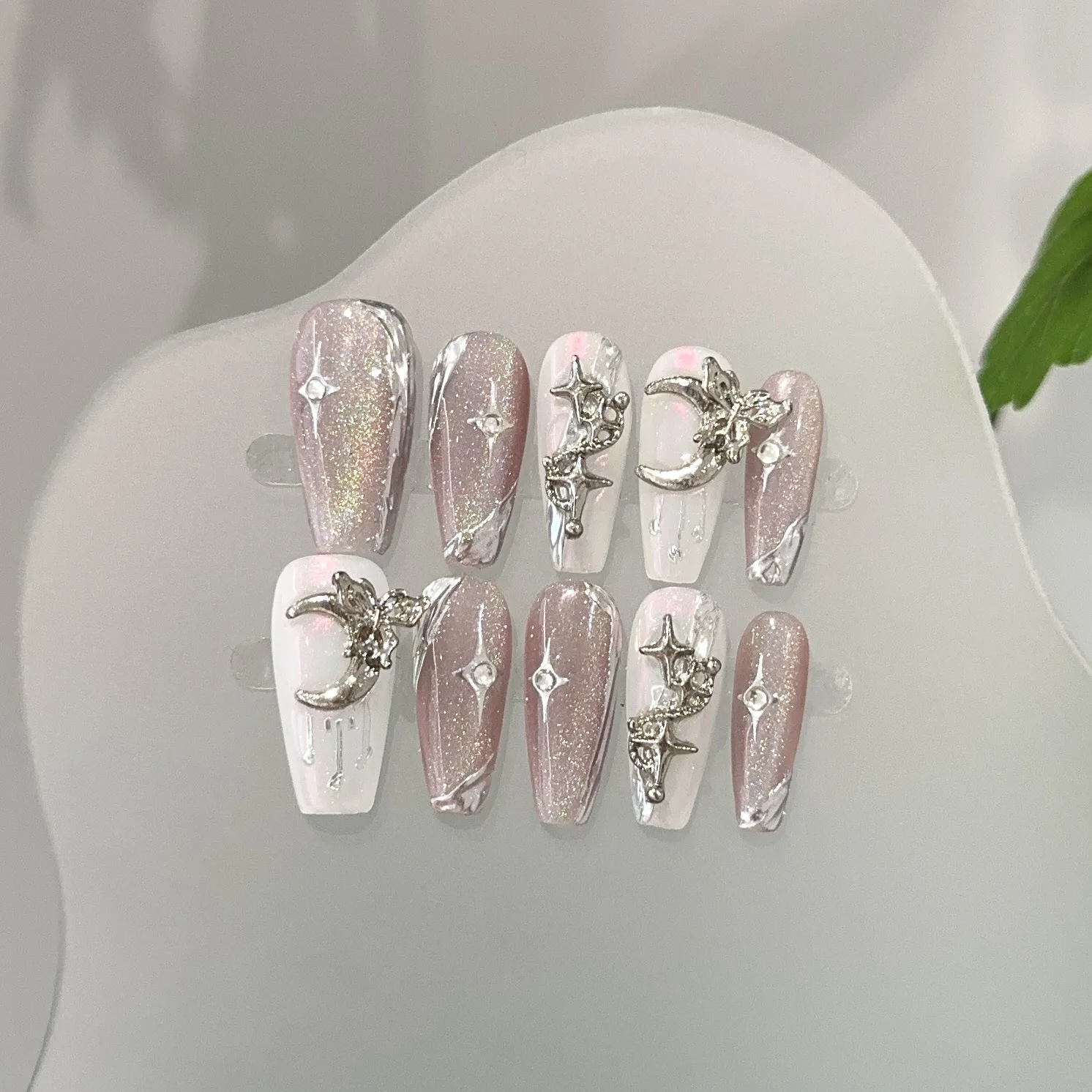 

10PCS Glitter Purple Cat Eye Medium Coffin Handmade Press on Nails 3D Moon Star Butterfly Luxury False Nails Sweet Cool Manicure