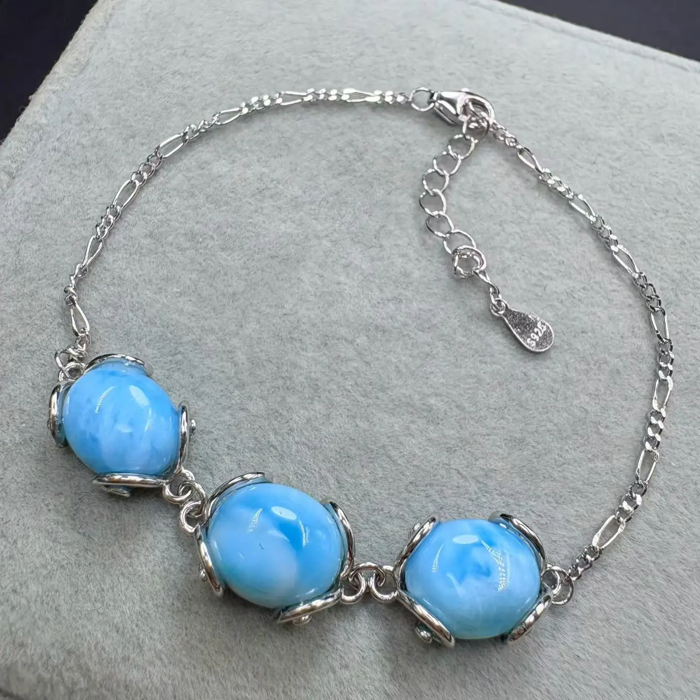 1Pc Fengbaowu Natural Dominican Republic Larimar Oval Cabochon Bracelet 11MM 925 Sterling Silver Reiki Healing Stone Gift