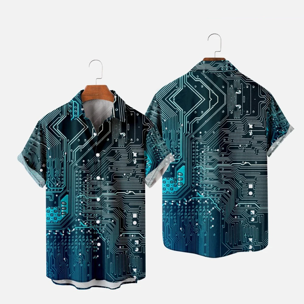Man Hawaiian Button Up Shirts Hombre Fashion Shirt Circuit Board 3D Printed Warm Casual Short Sleeve Beach Oversized Clothes
