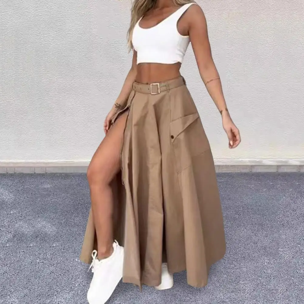 2 Pcs Women Vest Skirt Set Sleeveless Short Top Split A-line Maxi Skirt with Belt Streetwear Party Club Crop Top Skirt Set