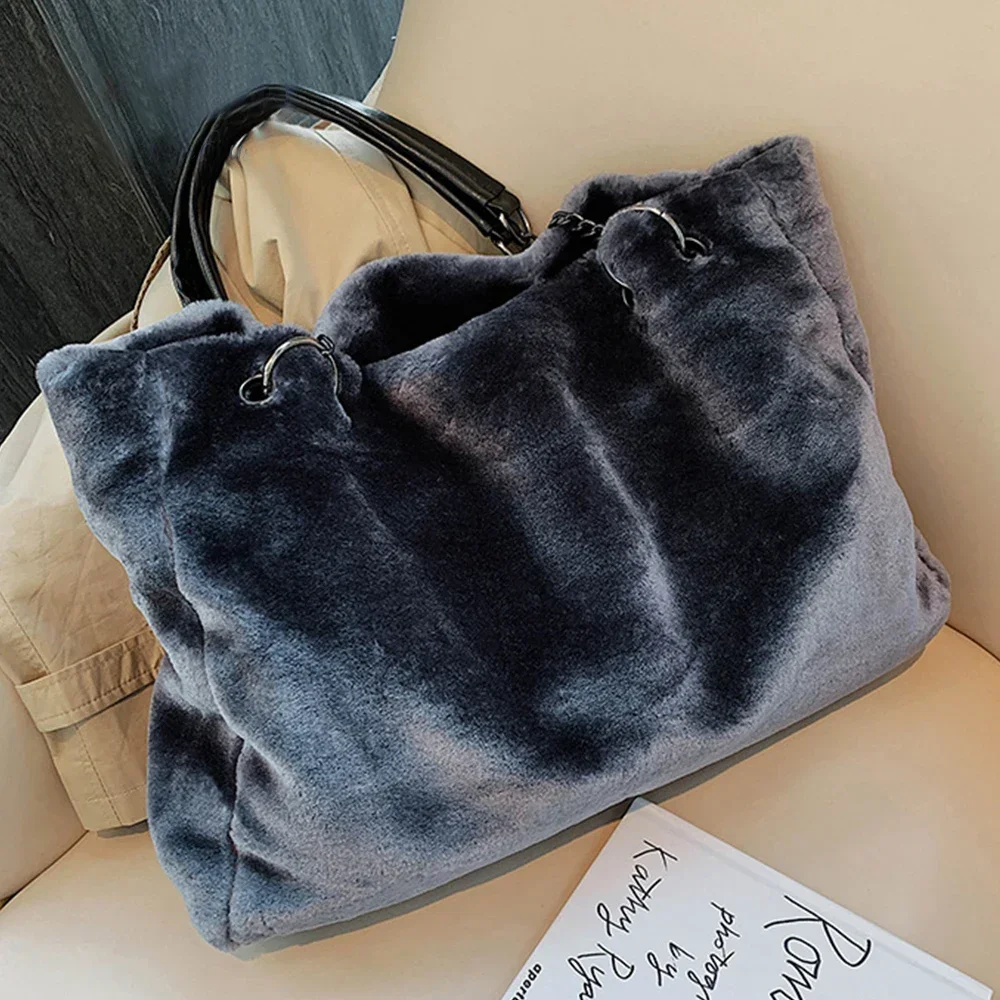 

Faux Fur Tote Bag Winter Plush Women Shoulder Bag Casual Lady Handbag Female Chain Larger Capacity Travel Shopping Bag