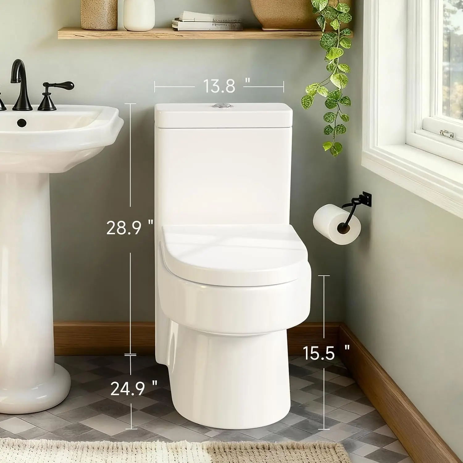 Compact One Piece Toilet with Soft-close Seat Lid, Power Dual Flush 1.2/1.85 GPF, Modern Standard White Toilet Bowl, Smart Toile