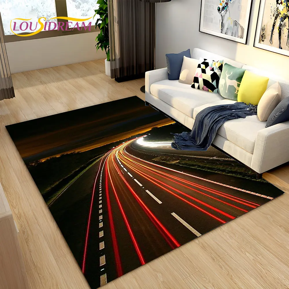 3D Neon Expressway Track Road Area Rug Large,Carpet Rug for Home Living Room Bedroom Sofa Doormat Decor,Kids Non-slip Floor Mat