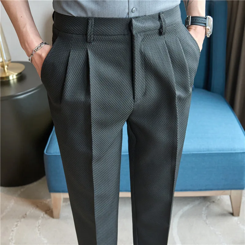 

Autumn Waffle Pleated Casual Pants Men High-quality Business Office Social Suit Pants Wedding Groom trousers black