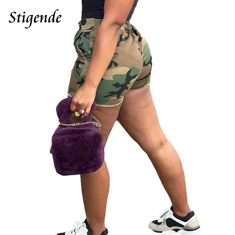 Stigende Women Summer Thin Camouflage Shorts Casual Elastic Waist Bodycon Shorts