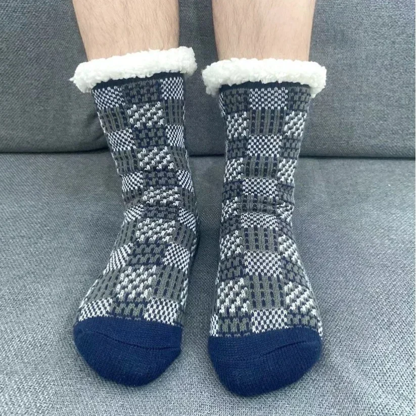 Fluffy Non Slip Socks Mens Plaid Winter Warm Short Cotton Thickened Home Sleeping Thermal Soft Anti Slip Floor Fuzzy Sock Male